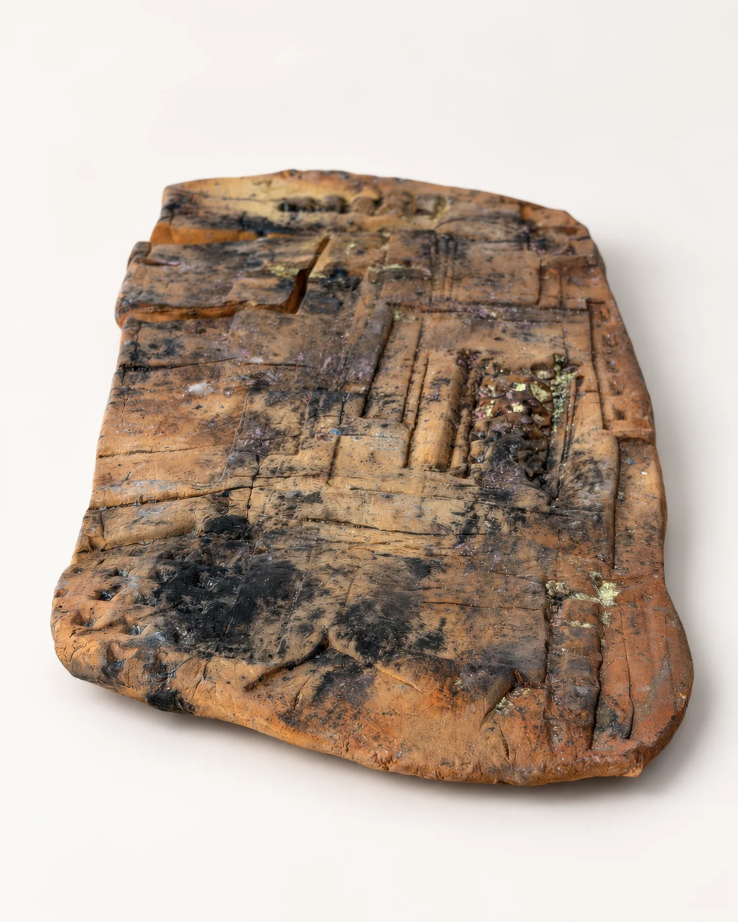 Terracotta Slab: a rust-orange terracotta slab with dark fired marks.