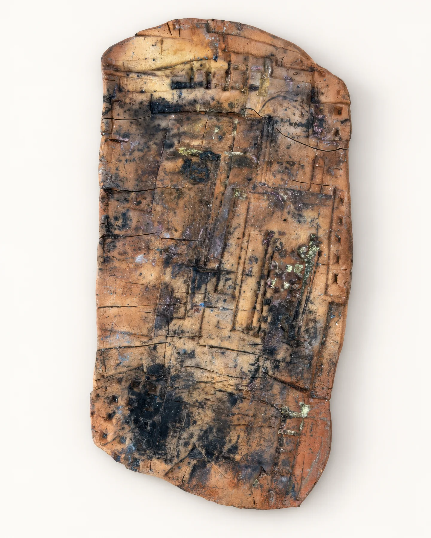 Terracotta Slab: a rust-orange terracotta slab with dark fired marks.